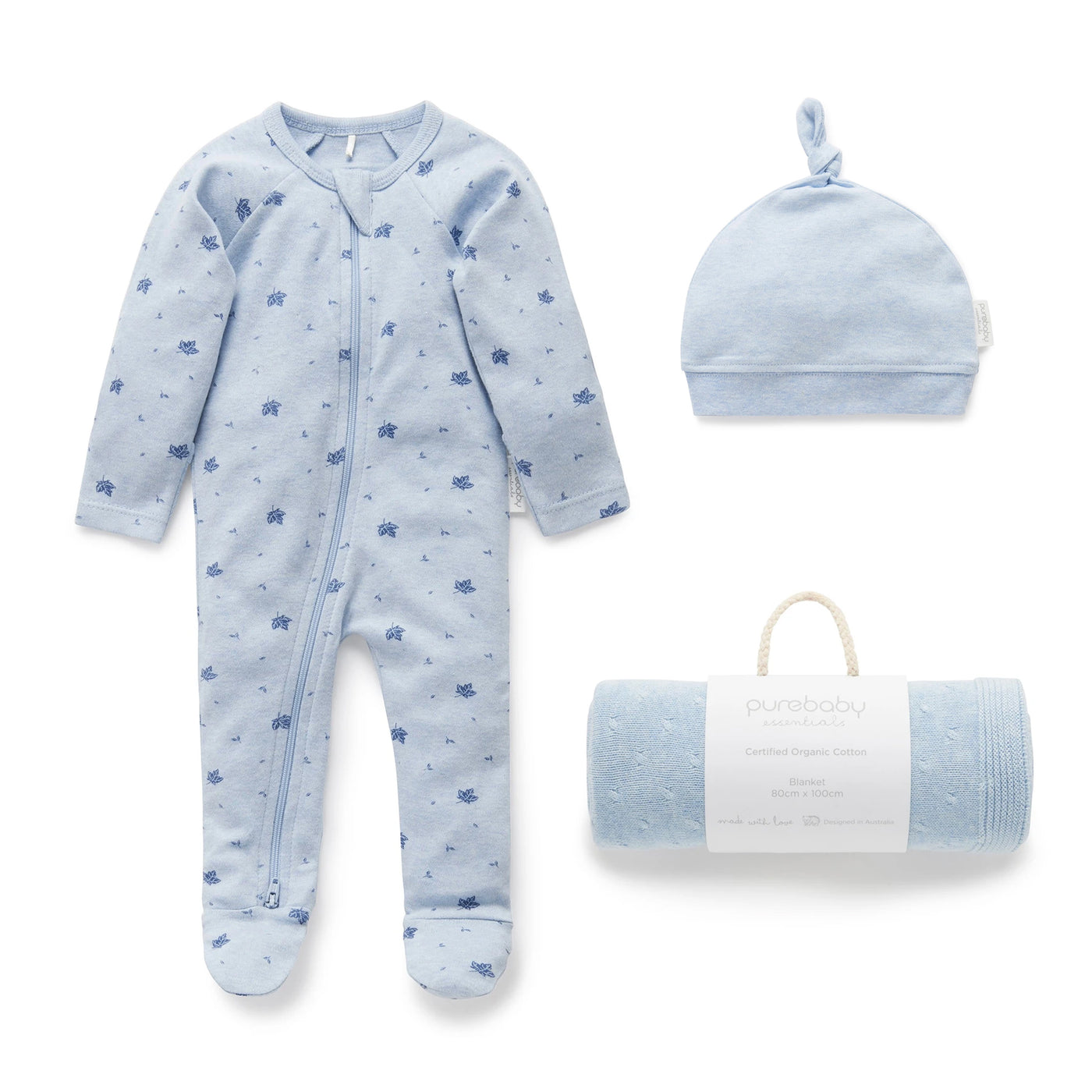 Purebaby Baby Boy Growsuit, Hat & Blanket Bundle